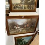 Prints: Hunting study with horses and hounds. 27½ins. x 16½ins. Plus two rural studies, farming in