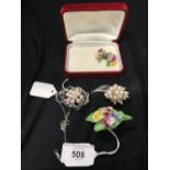 Costume Jewellery: c1960-1970s Denton china floral brooch and earring set plus Japanese cultured