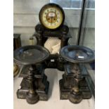 Clocks: 19th cent. Victorian marble mantel clock with garniture in the New Classical style.
