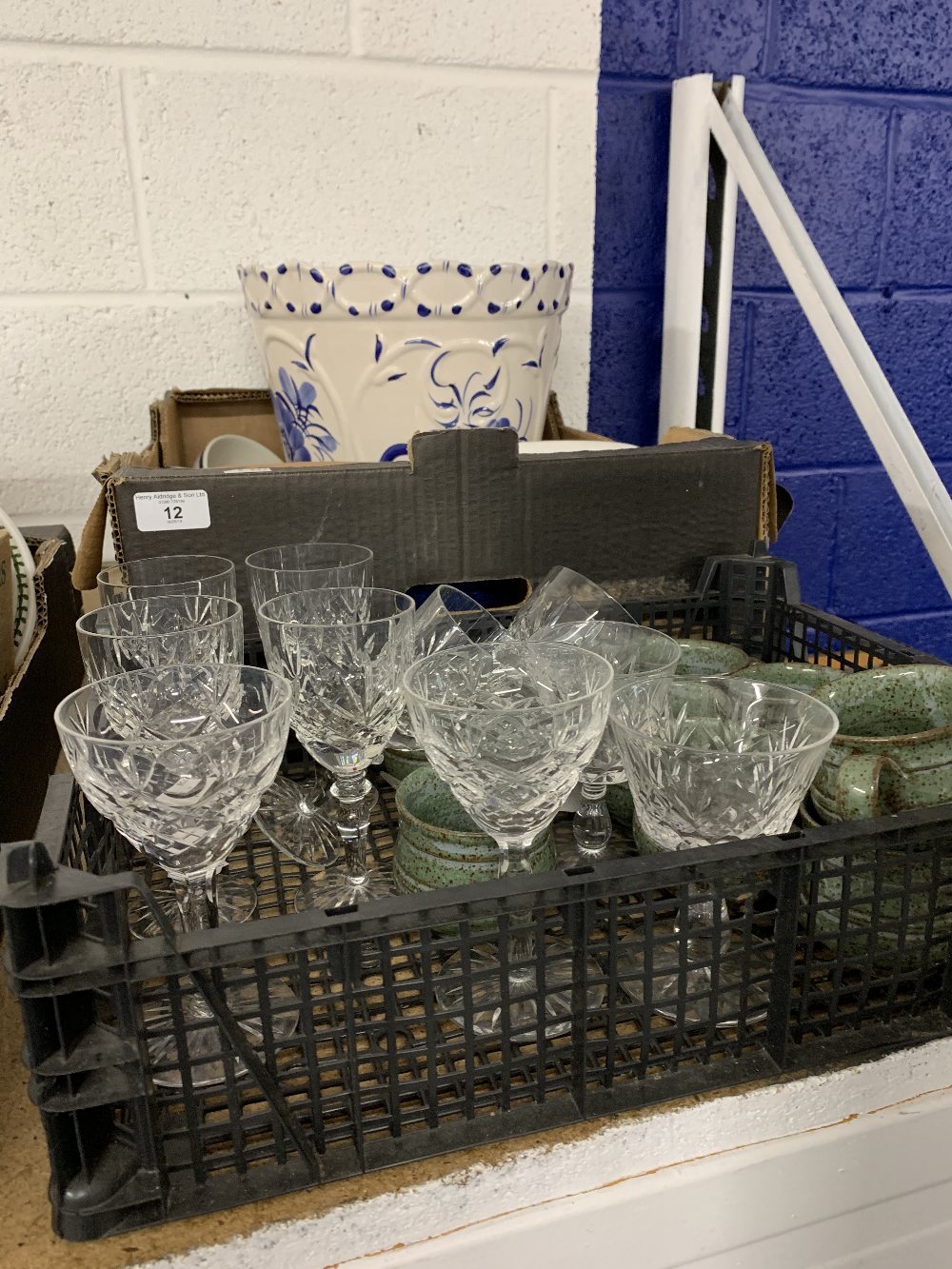 20th cent. Ceramics: Unsigned pots, various sizes. (8) Glassware: 20th cent. Set of six wine glasses