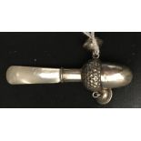 The Thomas E Skidmore Collection: Hallmarked silver baby's rattle, mother of pearl handle/teething