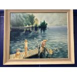 20th cent. A M Sheridan: Oil on board study of four females bathing in a lake with buildings and