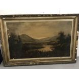 19th cent. Primitive American School: Oil on canvas, possibly of the Hudson river, signed P. (