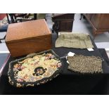 19th cent. White metal link purse, embroidered marcasite purse and small oak box.