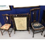 19th cent. Mahogany salon chairs (2) plus a pine three bar towel rail and an oak fire screen with