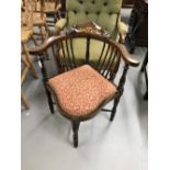 Edwardian mahogany corner chair with marquetry inlay on crossbar turned supports.