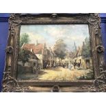 Morgan John Rendell: Oil on board study of a village with figures on a cobbled street. Signed