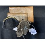 Fashion: Early 20th cent. Two reptile skin wallets, three white metal chain purses and one leather