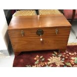 20th cent. Teak wood chest with internal tray, complete with lock. 36ins. x 22ins. x 17½ins.