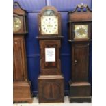 Clock: 19th cent. Mahogany and inlay longcase clock, arch dial, painted shell spandrel, moving
