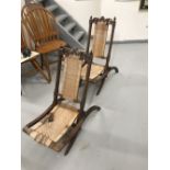 19th cent. French mahogany picnic/lawn folding chairs. Rattan seated and backed, the frame carved