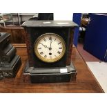 Clock: Slate and marble mantle clock. Enamel face with Roman numerals, unmarked movement. 9ins. x