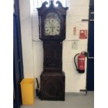 Clock: 19th cent. Mahogany longcase clock. Arch dial, painted rural scene spandrel bell strike