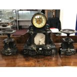 Clock: 19th cent. Victorian marble mantel clock with garniture in the New Classical style.