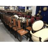 Early 20th cent. Oak, Gothic revival dining chairs, brown rexine back panels and seats x 8.