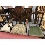 19th cent. Mahogany lyre back chair with marquetry inlay and 2 later stick back chairs.