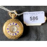 Gold Jewellery: 18k Yellow gold half hunter pendant watch, enamel face, slight damage to chapter