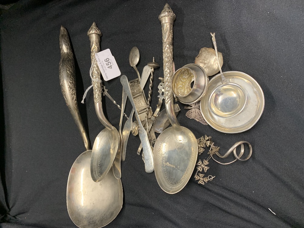 Flatware: White metal spoons with ornate handles x 2, ladle, butter knives, spoons, plus odd