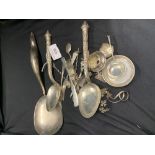 Flatware: White metal spoons with ornate handles x 2, ladle, butter knives, spoons, plus odd