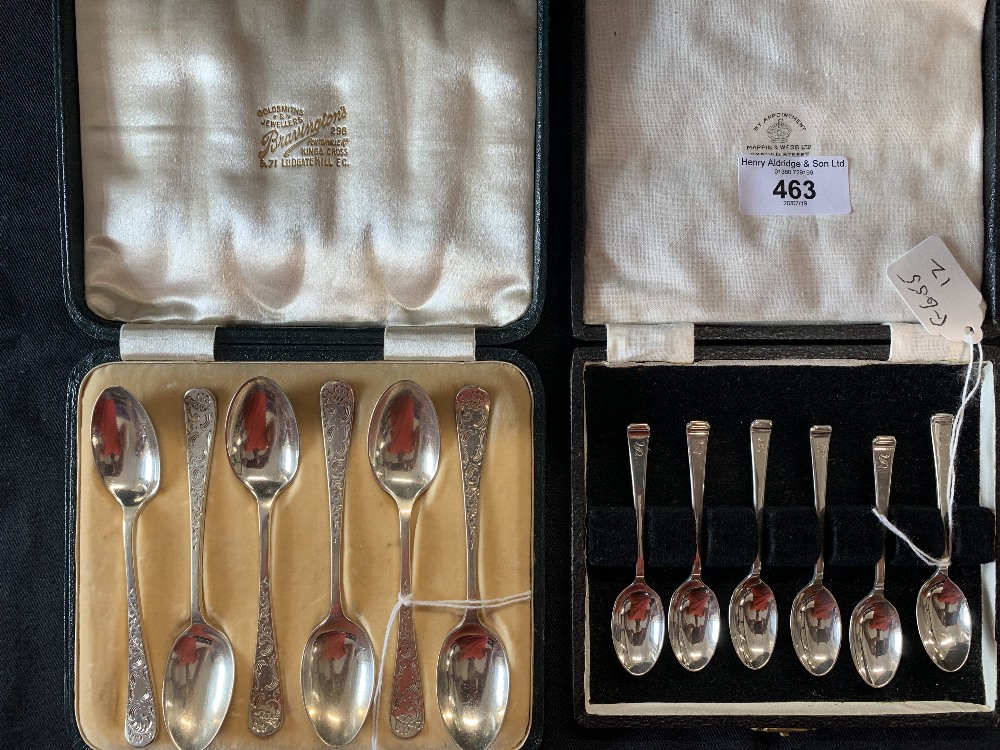 Hallmarked Silver: Boxed set of teaspoons with ornate engraved handles, plus a Mappin & Webb set