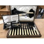 Platedware: Oak cased set of six fish knives and forks with servers, plus a christening set of