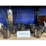 20th cent. Ceramics: Portmeirion black & gilt Phoenix coffee set by John Cuffley, 6 cups and