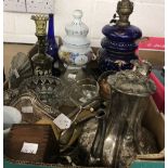 Plated and Glassware: Venetian glass plate, blue oil lamp, 2 x hanging lamps, decanter, vases etc.