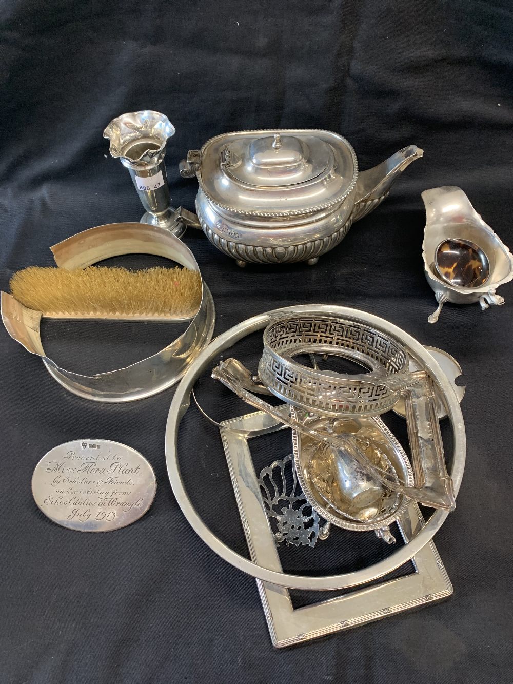 Hallmarked Silver/Scrap: Teapot, sauce boats, condiments, name plaque, wire coaster, perfume, eau de