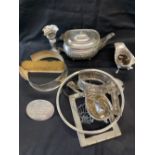 Hallmarked Silver/Scrap: Teapot, sauce boats, condiments, name plaque, wire coaster, perfume, eau de