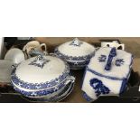 20th cent. Ceramics: Blue and white Avon pattern, vegetable tureens x 2, a large ironstone cheese