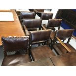 Furniture: Set of 6 pre-war oak dining chairs with leather seats and backs, 4 chairs plus 2 carvers.