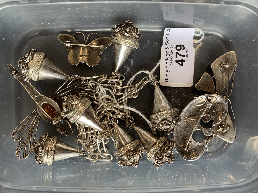 White Metal Jewellery: Some marked 925, brooches, Celtic style set with cabouchons, butterfly x 2,