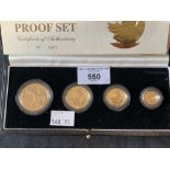 Coins: Gold 1988 Proof Britannia Gold four coin set, boxed with Certificate of Authenticity. 63gms.