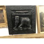 Colonial carved treen panel depicting and elephant in relief. 18ins. x 18ins.