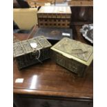Boxes: Brass boxes x 2, one in the shape of a coffer with embossed figures on all panels. The
