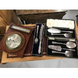 Thomas Armstrong & Brother mahogany barometer and three boxed pairs of fish knives and servers (1