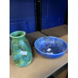 Art Pottery: Chameleon ware Clews royal blue bowl. 7ins. Plus a green ground chameleon vase. 6ins.