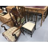 19th cent. Mahogany lyre back chair with marquetry inlay and 2 later stick back chairs.