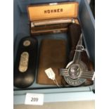 20th cent. Curios: Leatherwork brush case, treen spectacle case with Japanese bone scrimshaw panels,
