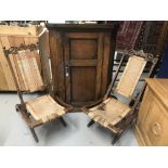 19th cent. French mahogany picnic/lawn folding chairs. Rattan seated and backed, the frame carved