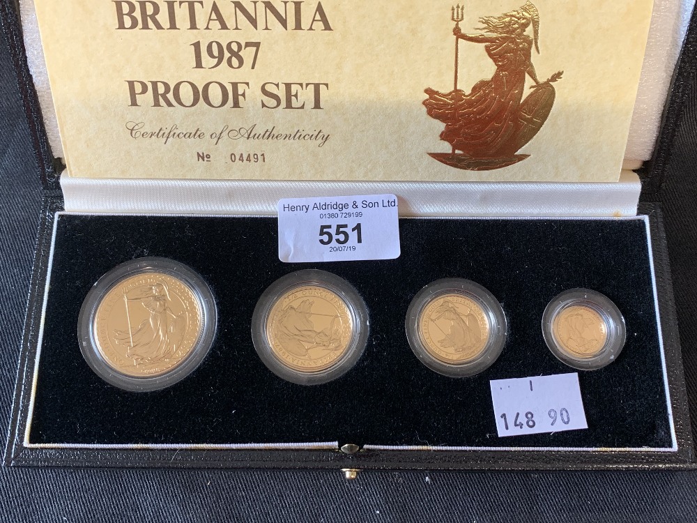 Coins: Gold 1987 Proof Britannia Gold four coin set, boxed with Certificate of Authenticity. 63gms.