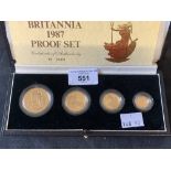 Coins: Gold 1987 Proof Britannia Gold four coin set, boxed with Certificate of Authenticity. 63gms.