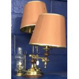 Lighting: Two brass and treen angle poise lamps with shades, extend from 17ins. to 28ins. Glass