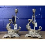 20th cent. Arts style white metal Viking long ship candlesticks. A pair. 9ins.