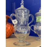 Glass late 18th/early 19th cent. Floral etched baluster shaped two handled loving cup and cover.