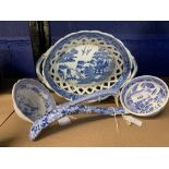 19th cent. Cream ware oval willow pattern open work basket. Blue cross to base. Dia 10½ins. Small