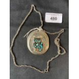 Costume Jewellery: Oval owl pendant & chain, possibly Mexican.