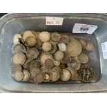 Coins: Full silver half crown, shillings, threepenny bits, some foreign. 9½oz.