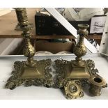 19th cent. Gothic style brass candlesticks, a pair. 10ins.