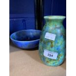 Art Pottery: Chameleon ware Clews royal blue bowl. 7ins. Plus a green ground chameleon vase. 6ins.